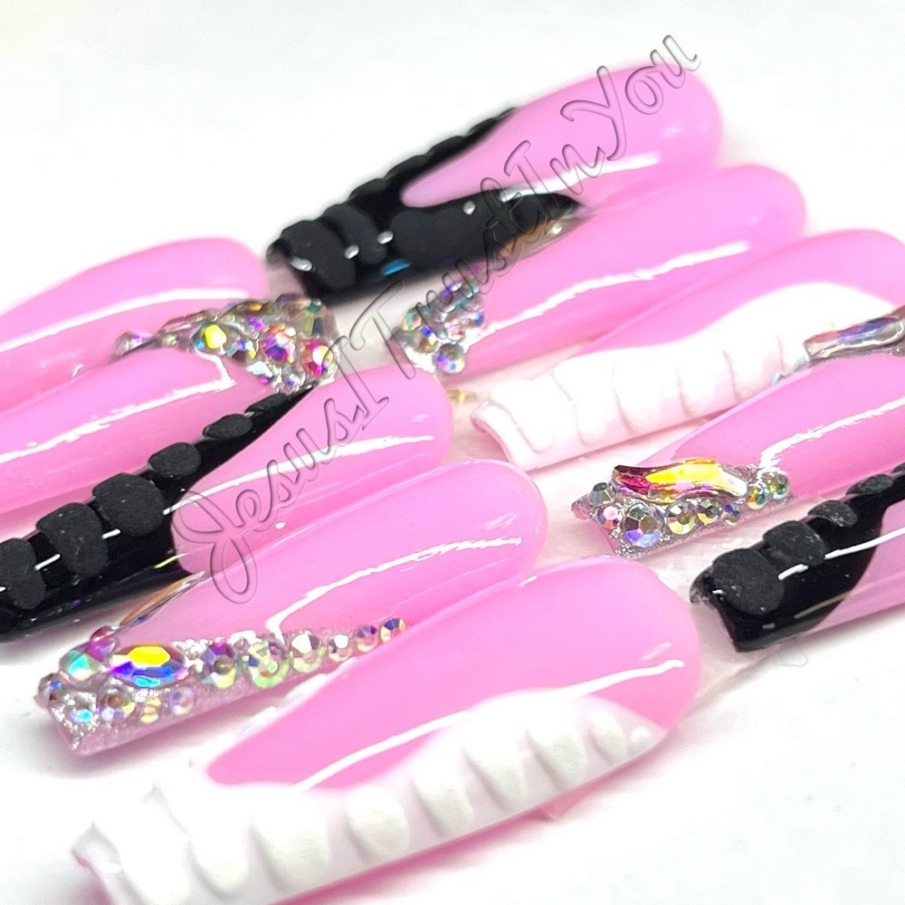 Pink and Black Rhinestone Nail Set Press on Nails